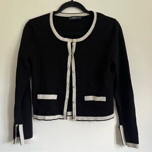 Zara Women Contrast Cream Black Pearl Buttons Classy Knit Cardigan Medium